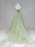 Green Tulle A-line Straps Scoop Low Back Party Dress, Green Tulle Long Prom Dress