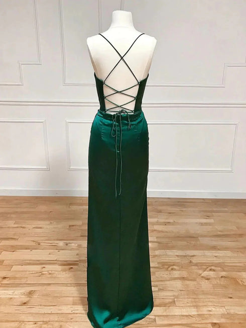 Green Satin Cross Back Floor Length Party Dress with Slit, Green Prom Dress Evening Dress
