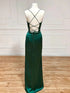Green Satin Cross Back Floor Length Party Dress with Slit, Green Prom Dress Evening Dress