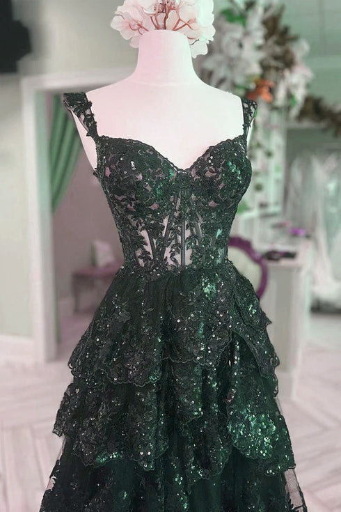 Lovely Green Tulle With Lace Straps Layers Party Dress, Green Tulle Prom Dress