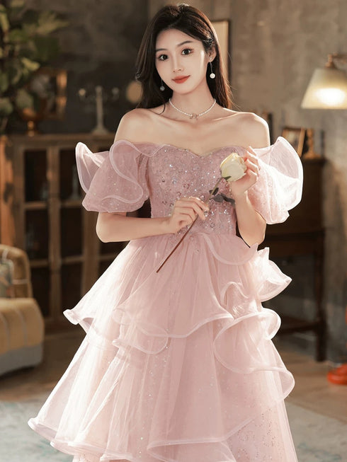 Pink Off Shoulder Tulle Shiny Long Prom Dress, A-line Pink Party Dress Formal Dress