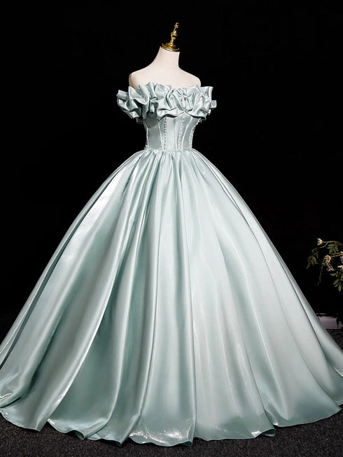 Green Satin Off Shoulder A-line Floor Length Party Dress, Green Satin Off Shoulder Prom Dress