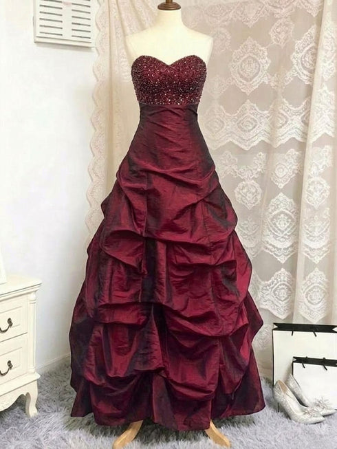 Wine Red Taffeta Beaded Strapless Ruched Prom Dress, Wine Red Sweetheart Long Ball Gown Evening Dress