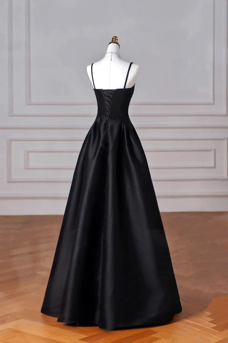 Black A-Line Straps Satin Long Party Dress, Black Long Prom Dress Even
