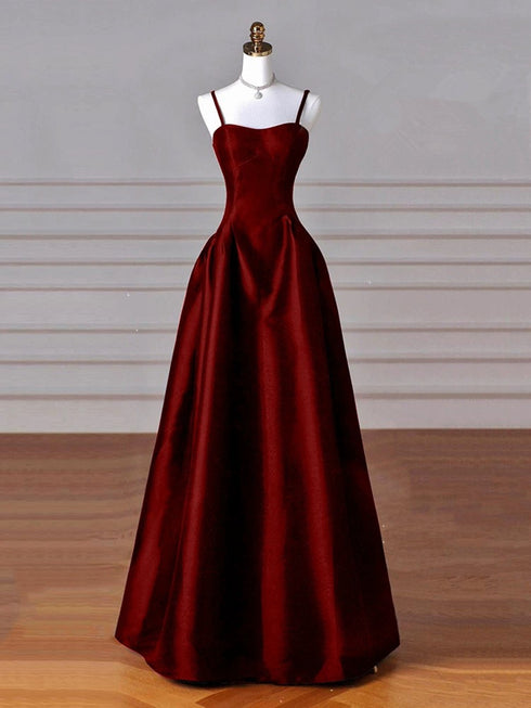 Wine Red Straps A-line Floor Length Simple Party Dress, Wine Red Satin Prom Dress