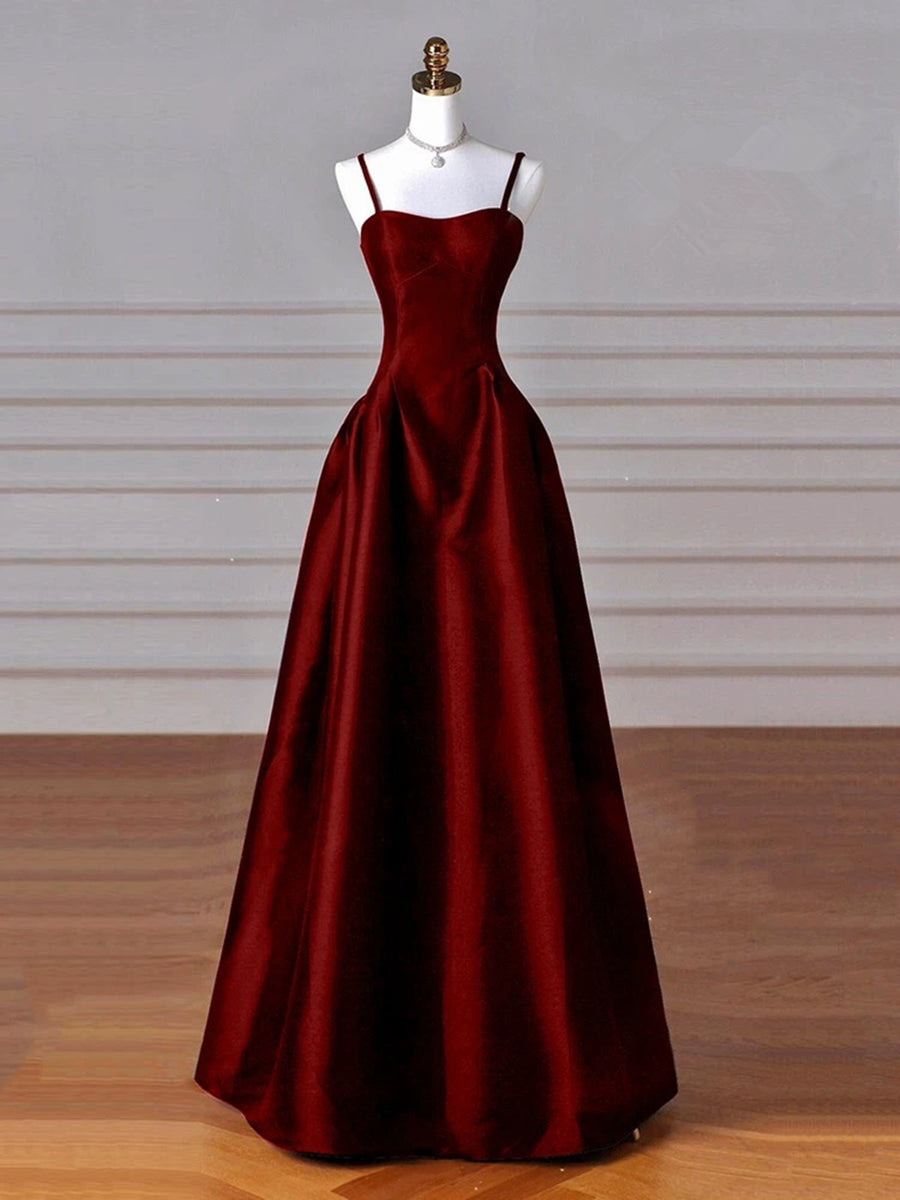 Wine Red Straps A-line Floor Length Simple Party Dress, Wine Red Satin Prom Dress