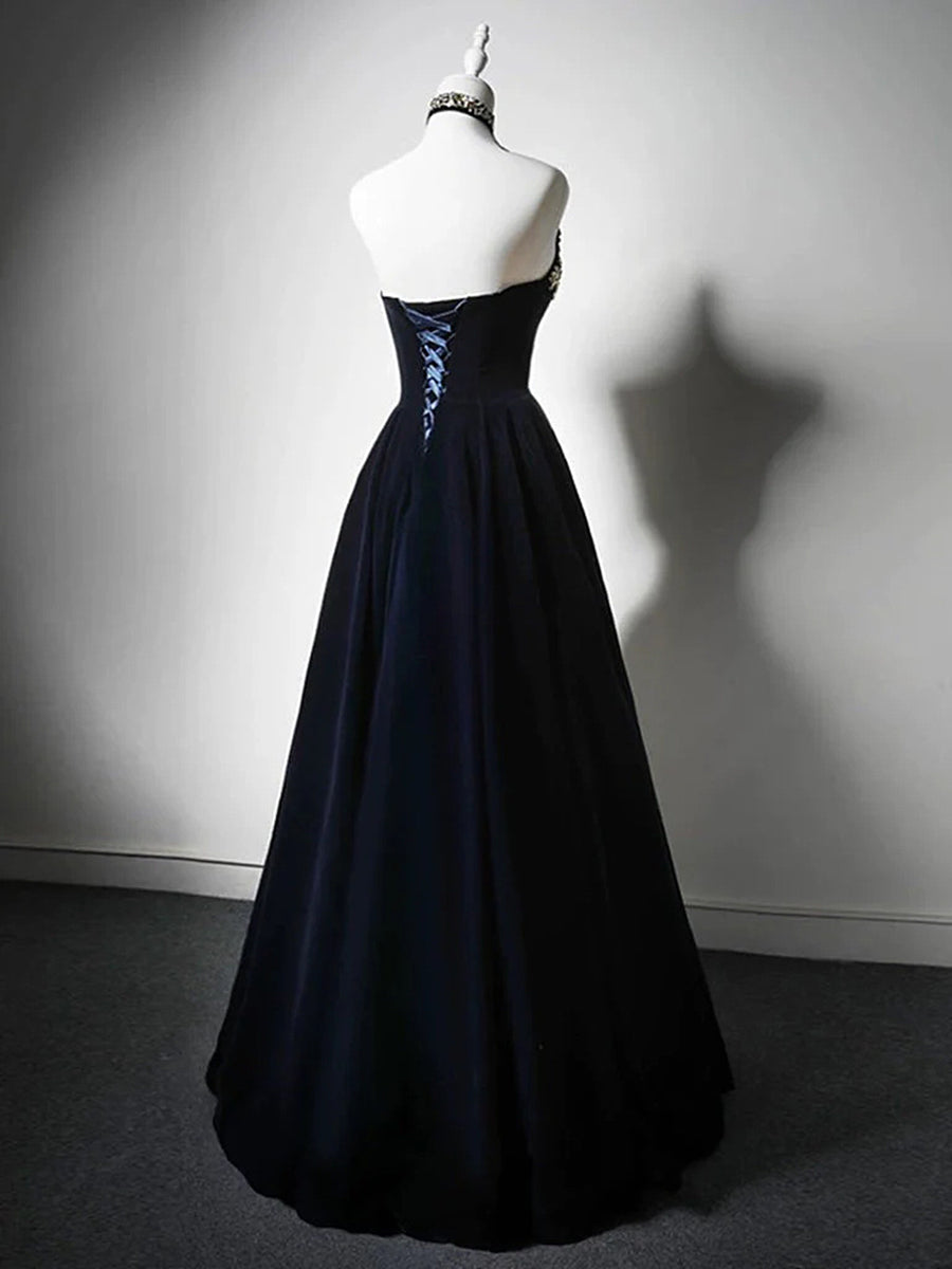 Navy Blue A-line Floor Length Scoop Beaded Party Dress, Navy Blue Prom