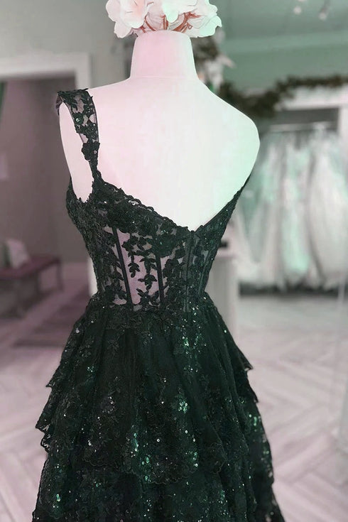 Lovely Green Tulle With Lace Straps Layers Party Dress, Green Tulle Prom Dress
