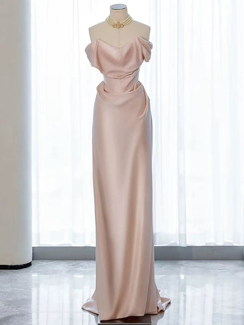 Pink Soft Satin Off Shoulder Long Wedding Party Dress, Pink Satin Evening Dress Prom Dress
