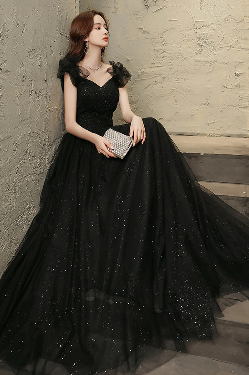 Beautiful Black Tulle Tea Length Party Dress, Black Bridesmaid Dress