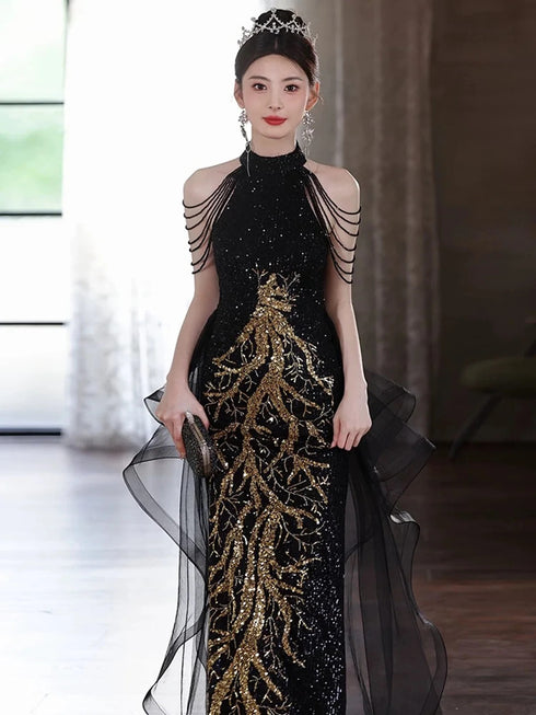 Black Sequines High Neck Formal Evening Gown with Tulle, Tiered Ruffle Tulle Black Prom Dress