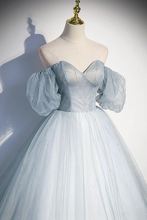 Lovely Light Blue Tulle Sweetheart Long Evening Dress, Light Blue Prom Dress