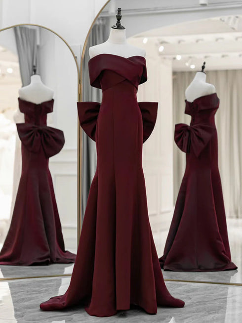 Wine Red Off Shoulder Long Party Dress with Bow, Wine Red Satin Evening Dress