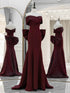 Wine Red Off Shoulder Long Party Dress with Bow, Wine Red Satin Evening Dress