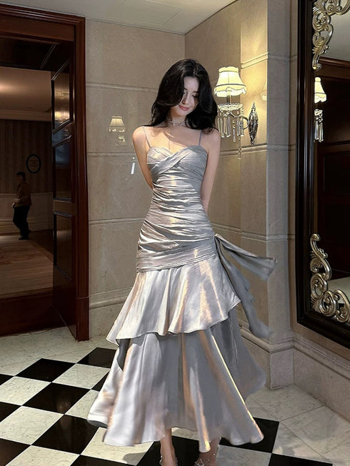 Beautiful Sliver Grey Sweetheart Mermaid Party Dress, Satin Prom Dress Evening Dress