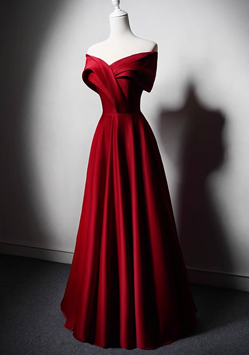 Wine Red Satin Off Shoulder A-line Party Dress, Wine Red Long Formal Dress Prom Dress