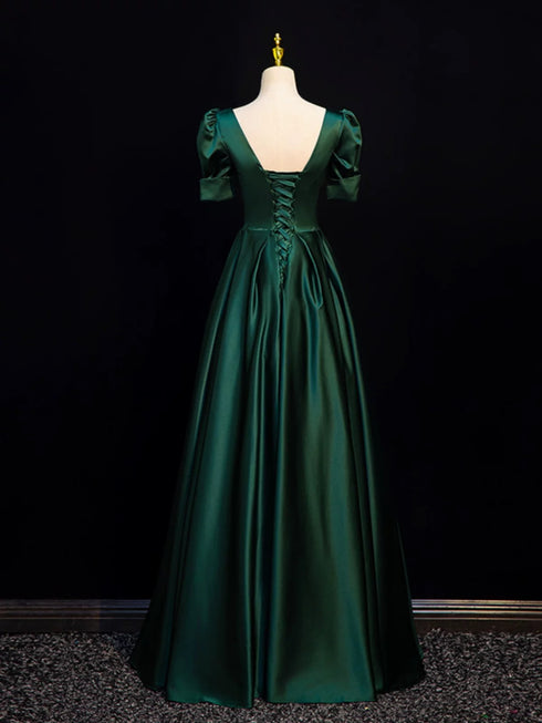 A-line Green Satin Short Sleeves Floor Length Party Dress, Green Satin Prom Dress