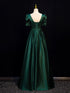 A-line Green Satin Short Sleeves Floor Length Party Dress, Green Satin Prom Dress