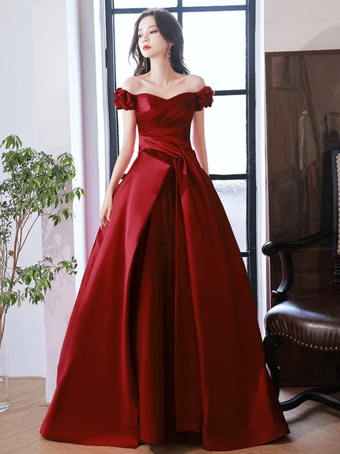 Wine Red Satin Off Shoulder Party Dress, A-line Satin Wine Red Prom Dress Evening Dress