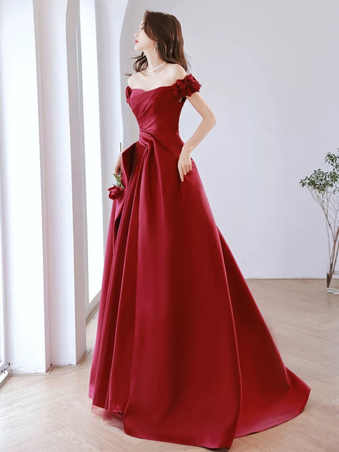 Wine Red Satin Off Shoulder Party Dress, A-line Satin Wine Red Prom Dress Evening Dress