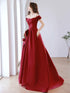 Wine Red Satin Off Shoulder Party Dress, A-line Satin Wine Red Prom Dress Evening Dress