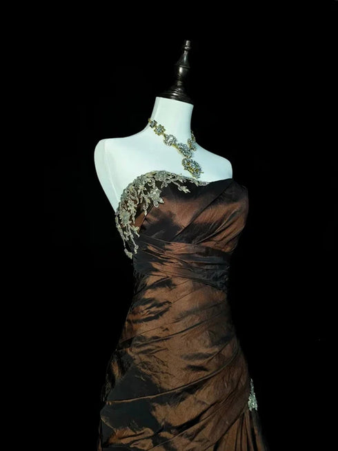 Elegant Brown Taffeta Mermaid Prom Dress with Lace Applique, Ruched Strapless Long Party Dress