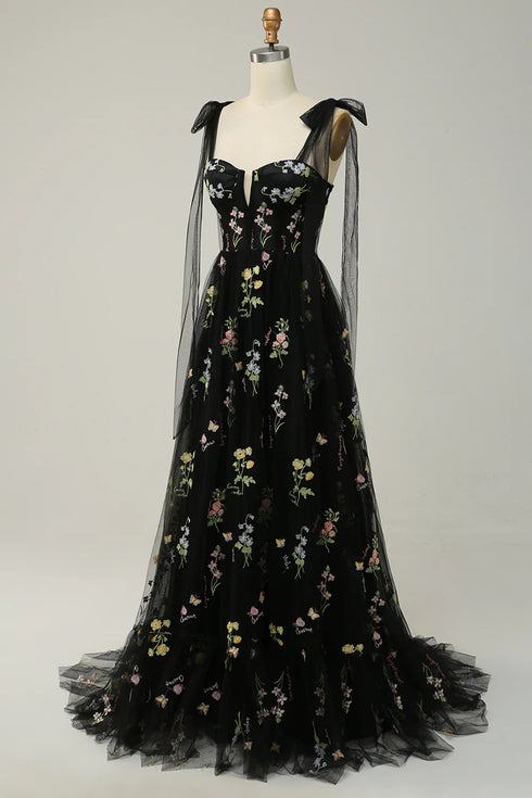 Black Floral Tulle Straps A-Line Long Party Dress, Black Tulle Prom Dress Evening Dress