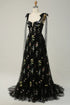 Black Floral Tulle Straps A-Line Long Party Dress, Black Tulle Prom Dress Evening Dress