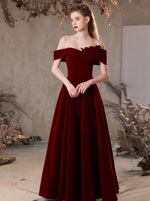 Wine Red Velvet Off Shoulder Long Party Dress, Wine Red A-line Prom Dress