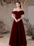 Wine Red Velvet Off Shoulder Long Party Dress, Wine Red A-line Prom Dress