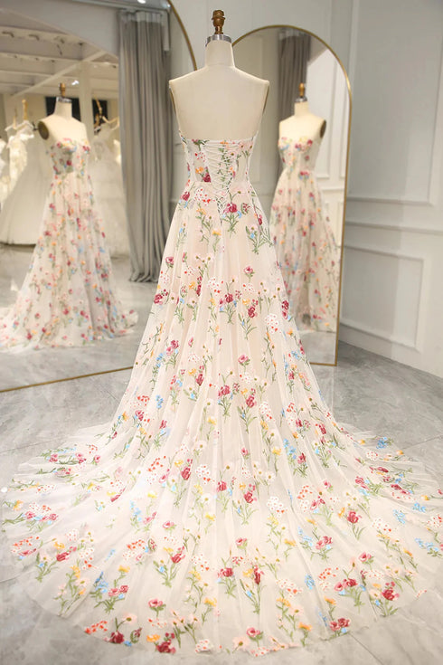 Elegant Ivory Floral Tulle Sweetheart Strapless Long Evening Dress, Tulle A-Line Prom Dress
