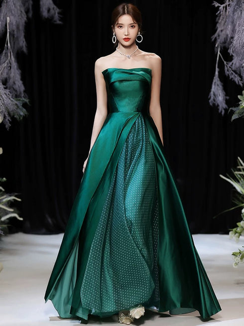 Green Satin and Tulle Strapless A-line Party Dress, Chic Green Long Prom Dress Evening Dress
