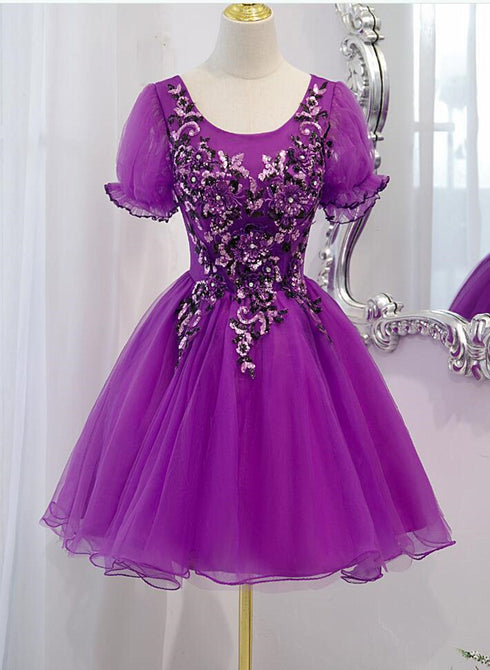 Purple Tulle Short Sleeves with Lace Homecoming Dress, Purple Short Prom Dress