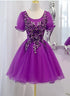 Purple Tulle Short Sleeves with Lace Homecoming Dress, Purple Short Prom Dress