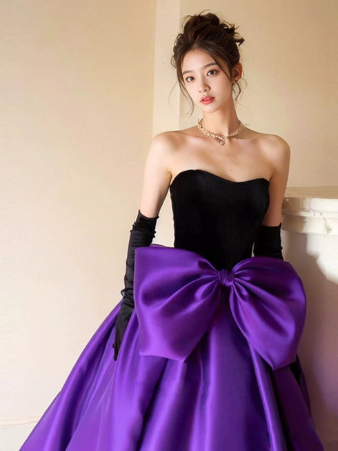 Chic Black and Purple Ball Gown Formal Dress with Bow, Black and Purple Prom Dress