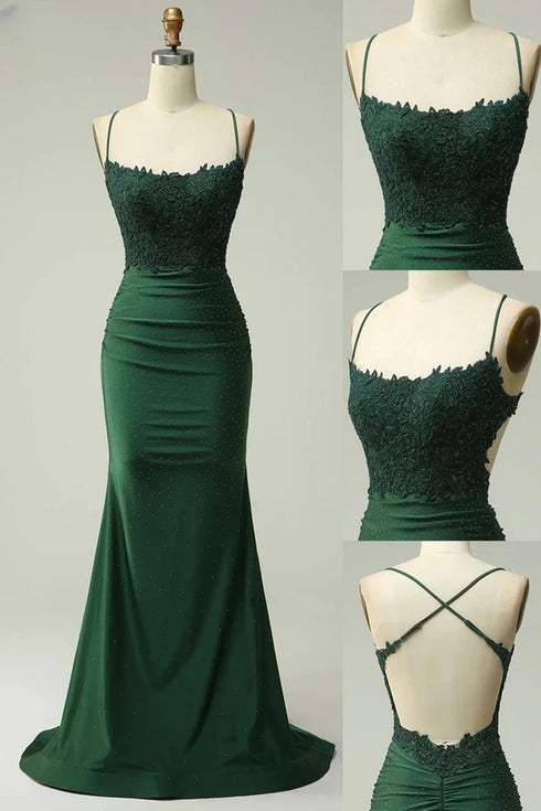 Green Spandex Mermaid Cross Back with Lace Party Dress, Green Long Prom Dress