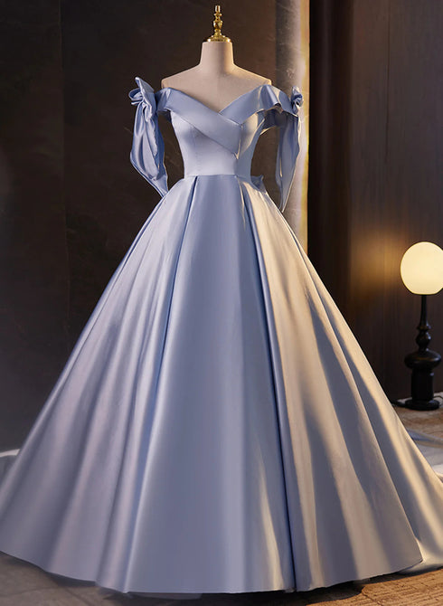 Blue Satin Ball Gown Off Shoulder Long Party Dress, Blue Satin Prom Dress