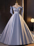 Blue Satin Ball Gown Off Shoulder Long Party Dress, Blue Satin Prom Dress