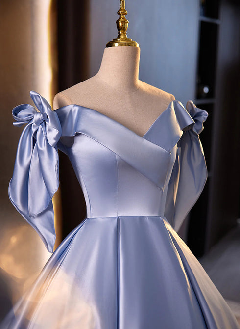 Blue Satin Ball Gown Off Shoulder Long Party Dress, Blue Satin Prom Dress