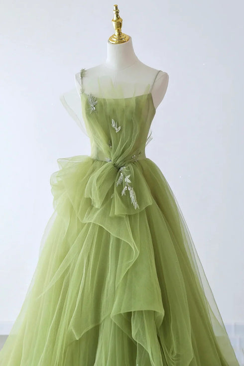 Green Tulle Straps Long Formal Dress, Green Tulle Evening Dress Party Dress
