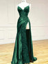 Green Satin with Lace Straps Long Evening Dress Prom Dress, Green Satin Party Dress