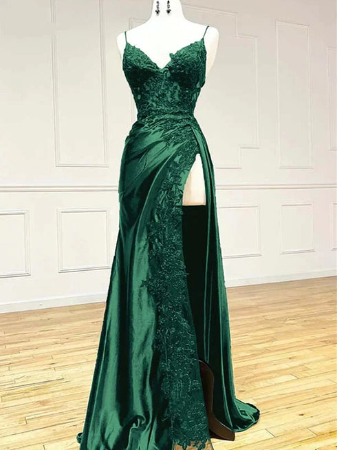 Green Satin with Lace Straps Long Evening Dress Prom Dress, Green Satin Party Dress