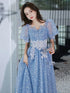 A-line Light Blue Short Sleeves Long Party Dress with Lace Applique, Blue Prom Dress