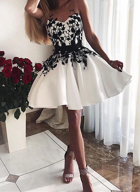 White Satin with Black Lace Short Party Dress, Cute Graduation Dress Formal Dress