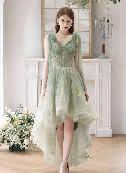 Light Green High Low Floral Tulle Formal Dress, High Low Homecoming Dresss