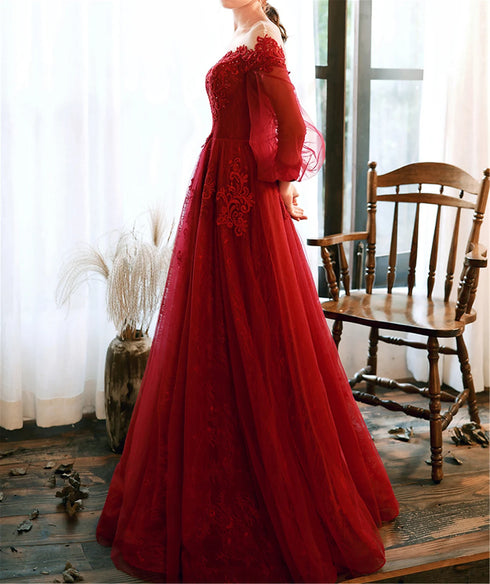 Wine Red Prom Dress Lace Evening Dress Party Dress, A-line Wine Red Formal Dress