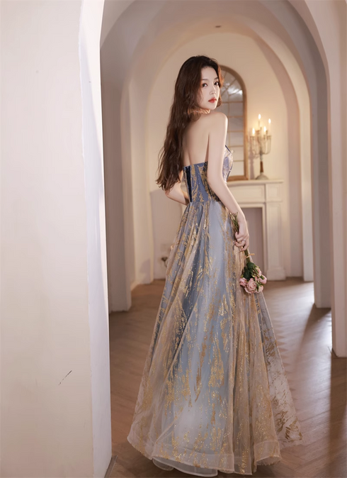 A-line Blue Gradient Tulle Long Party Dress, A-line Blue Prom Dress Formal Dress