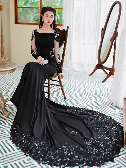 Black Mermaid Long Sleeves with Lace Wedding Party Dress, Black Mermaid Prom Dress