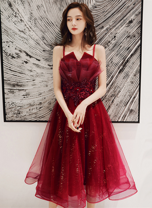 Wine Red Shiny Tulle Straps Short Homecoming Dress, Wine Red Tulle Short Prom Dress