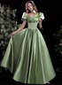 A-line Satin Green Short Sleeves Beaded Party Dress, Green Long Formal Dress Prom Dress